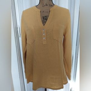 Mustard 100% Cotton Henley Button Cuffs Two Pockets Size Large